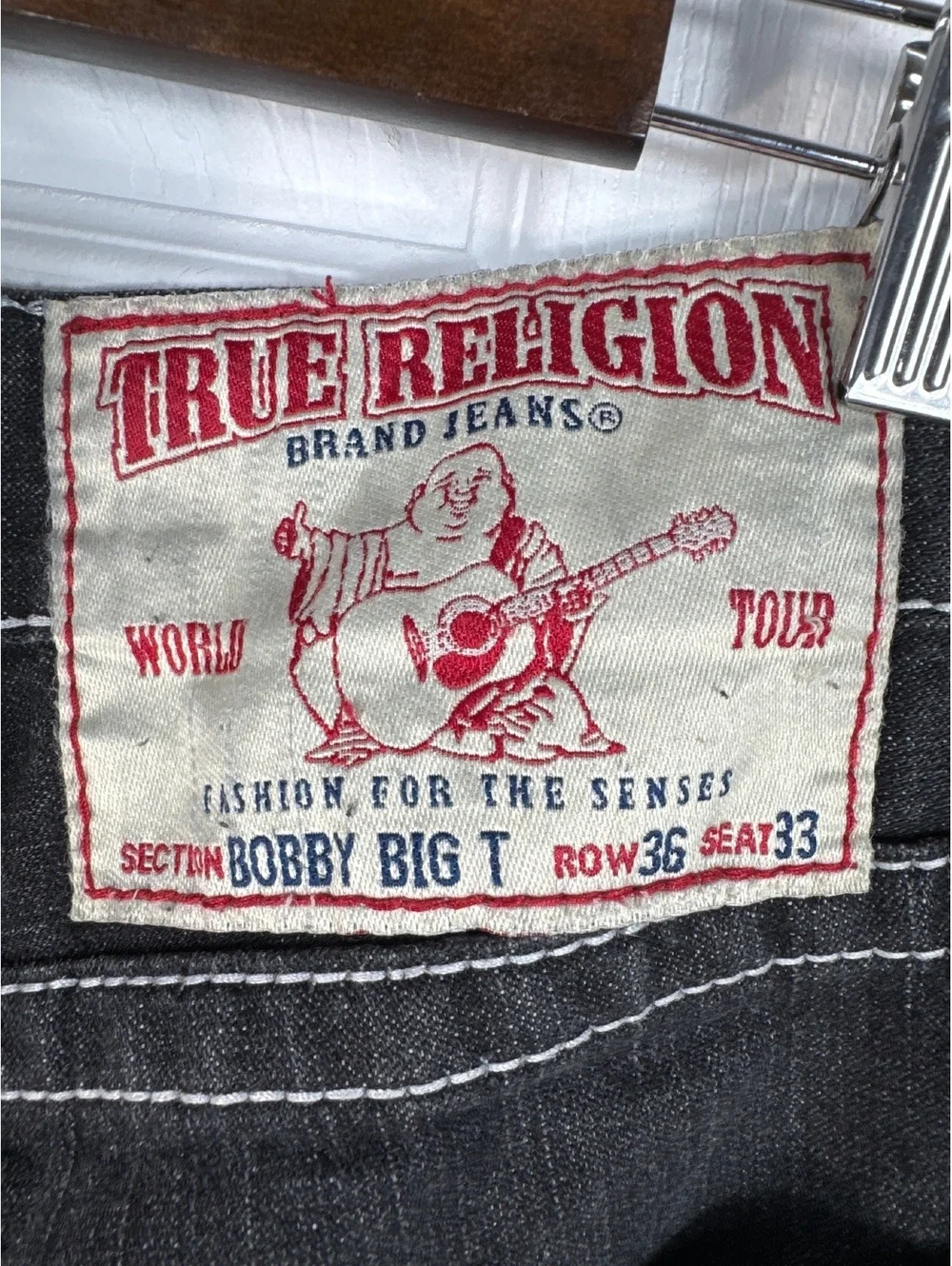 True Religion Black Distressed Denim Jeans with White Stitching